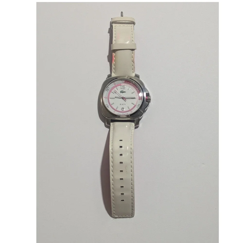 Lacoste Womens Stainless Steel Watch White Pink Leather Strap 5 ATM Water Resist